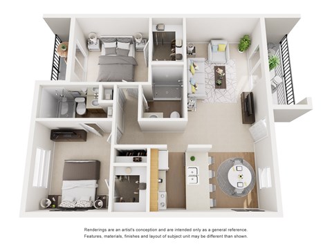 Floor plan for 2 beds, 2 baths, 885 sqft